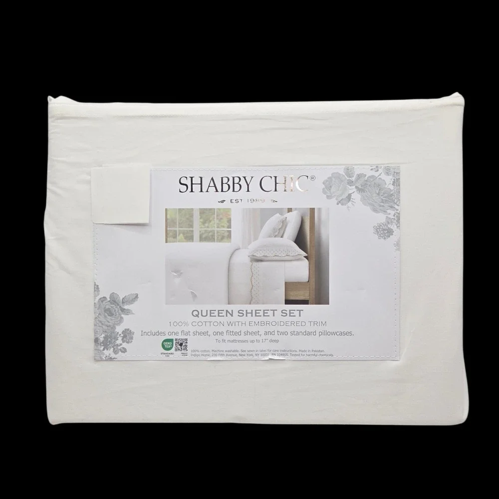 Shabby Chic 4pc White Cotton Queen Sheet Set Embroidered Scalloped Tan Polka Dot
